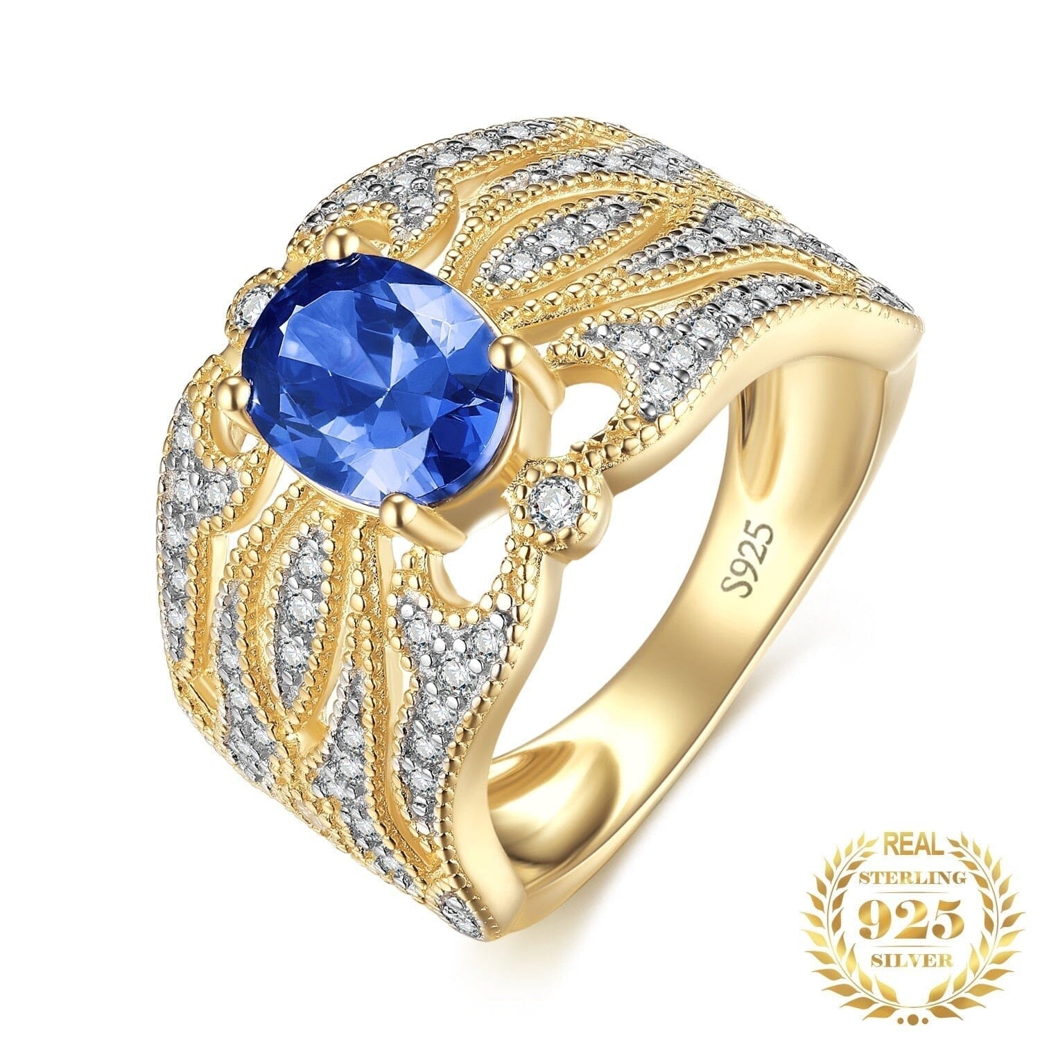 Luxury Engagement Sapphire Gold Ring - 925 Sterling SilverRing5