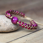 Handmade Natural Stone Charm Purple Tiger Eye String Braided BraceletsBraceletrose red