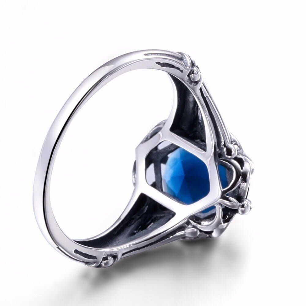 Hollow Out Engraved Flower Sapphire Stone Ring - 925 Sterling SilverRing