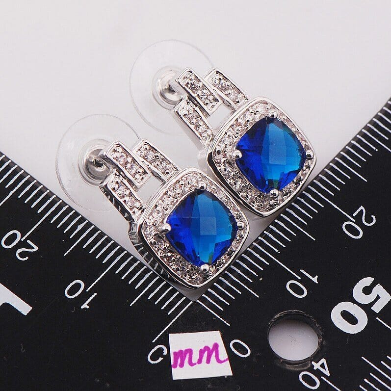 Square Elegant Blue CZ Sapphire Earrings - 925 Sterling SilverEarrings