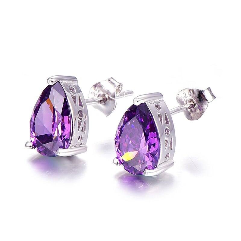 Vintage Purple Amethyst Stone Stud Earrings - 925 Sterling SilverEarrings
