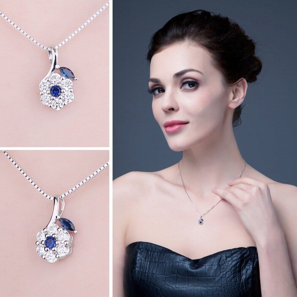 Girl Fashion Flower Created Sapphire Pendant Necklace - 925 Sterling Silver ( Chain not included )Necklace
