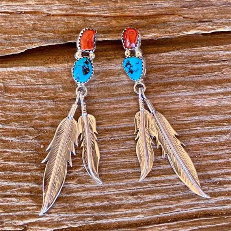 Turquoise Hanging Long Double Feather EarringsEarrings