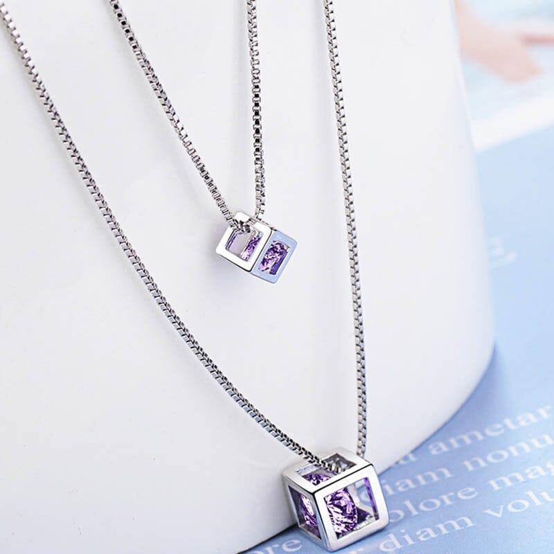 Double Cube Amethyst Pendant Necklace - 925 Sterling SilverNecklace