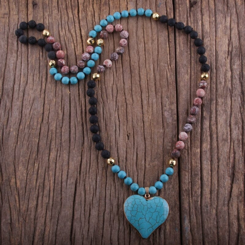 Fashion Bohemian 8mm Blue Stones Knotted With Stone Heart Turquoise Pendant NecklaceNecklace386cm