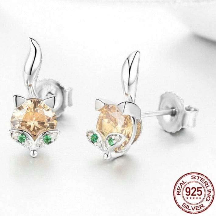 Cute Citrine Crystal Fox Stud Earrings - 925 Sterling SilverEarrings