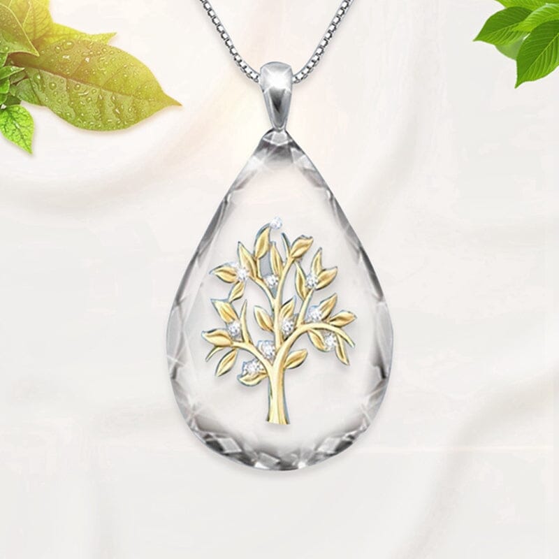 Transparent Crystal Waterdrop Shape Life Tree Pendant NecklacePendantGD