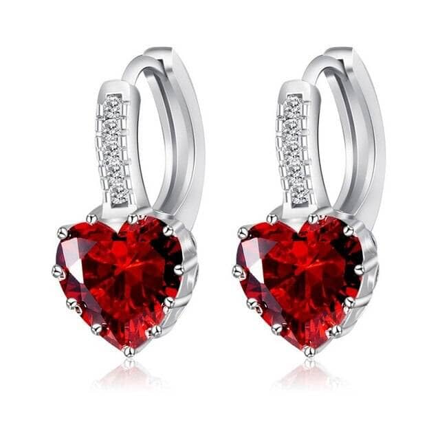 Romantic Heart Crystal Loop Lever Back Ruby Earrings - 925 Sterling SilverEarrings