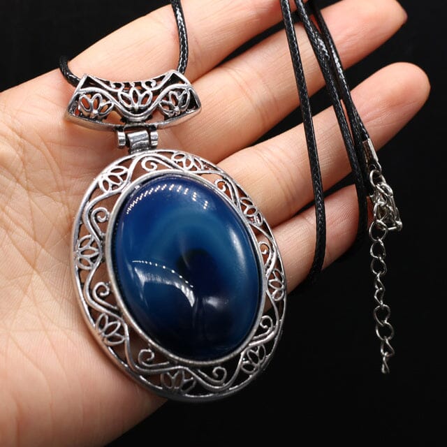 Natural Stone Oval Shape Pendant NecklaceHealing CrystalsBlue Agate
