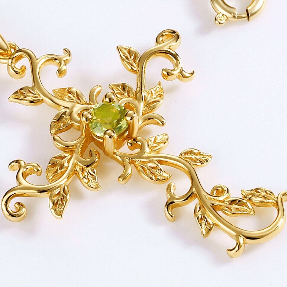 Cross Vine Flower Peridot Pendant Necklace- 925 Sterling SilverNecklace