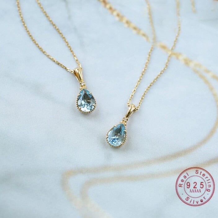 Nordic Elegant Blue Topaz Crystal Pendant Necklace - 925 Sterling SilverNecklace