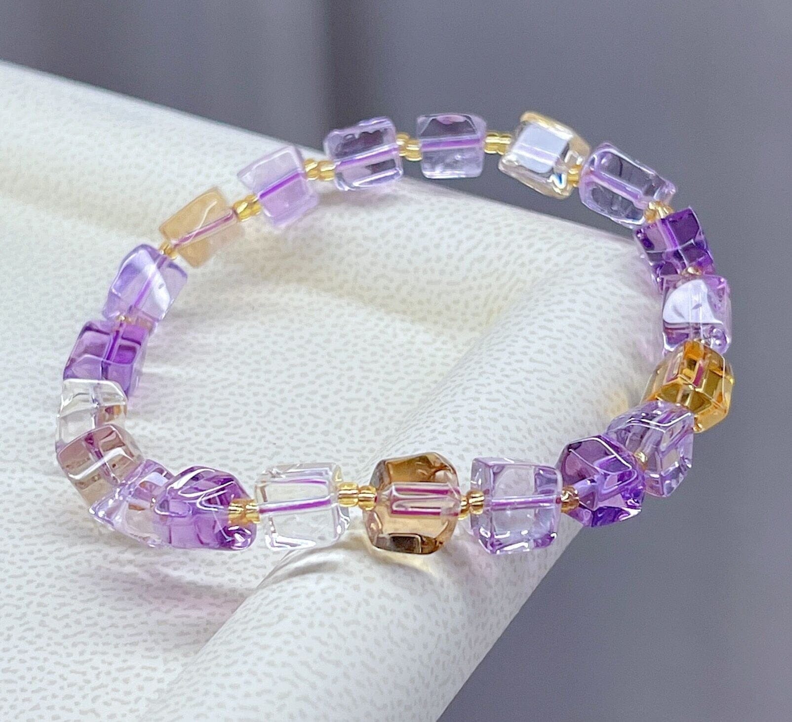 Natural Ametrine Purple Yellow Clear Cube Beads Bracelet