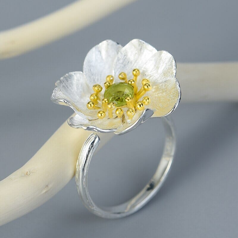 Blooming Anemone Peridot Flower Adjustable Ring - 925 Sterling SilverRingResizableSilver Gold Peridot