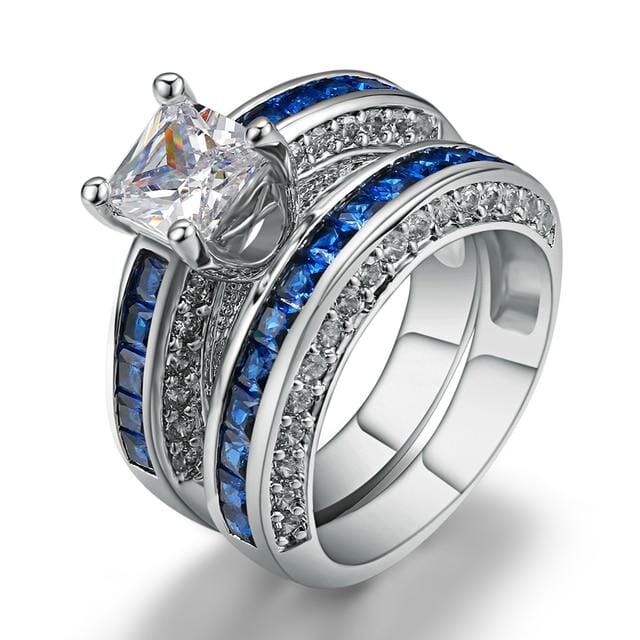 Luxury 10K White Gold Filled Blue Sapphire Gem Simulated Diamond RingRing10