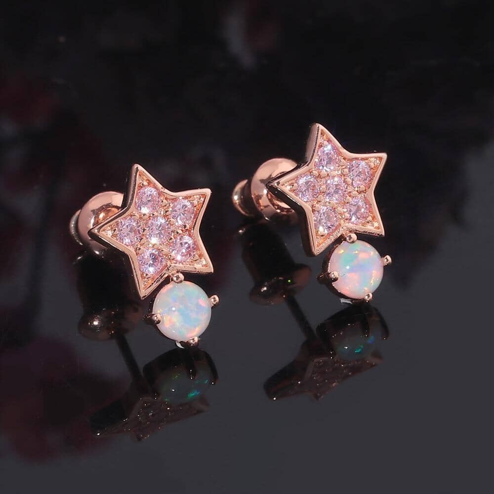 White Fire Opal Amethyst Star Shape Rose Gold Stud EarringsEarrings
