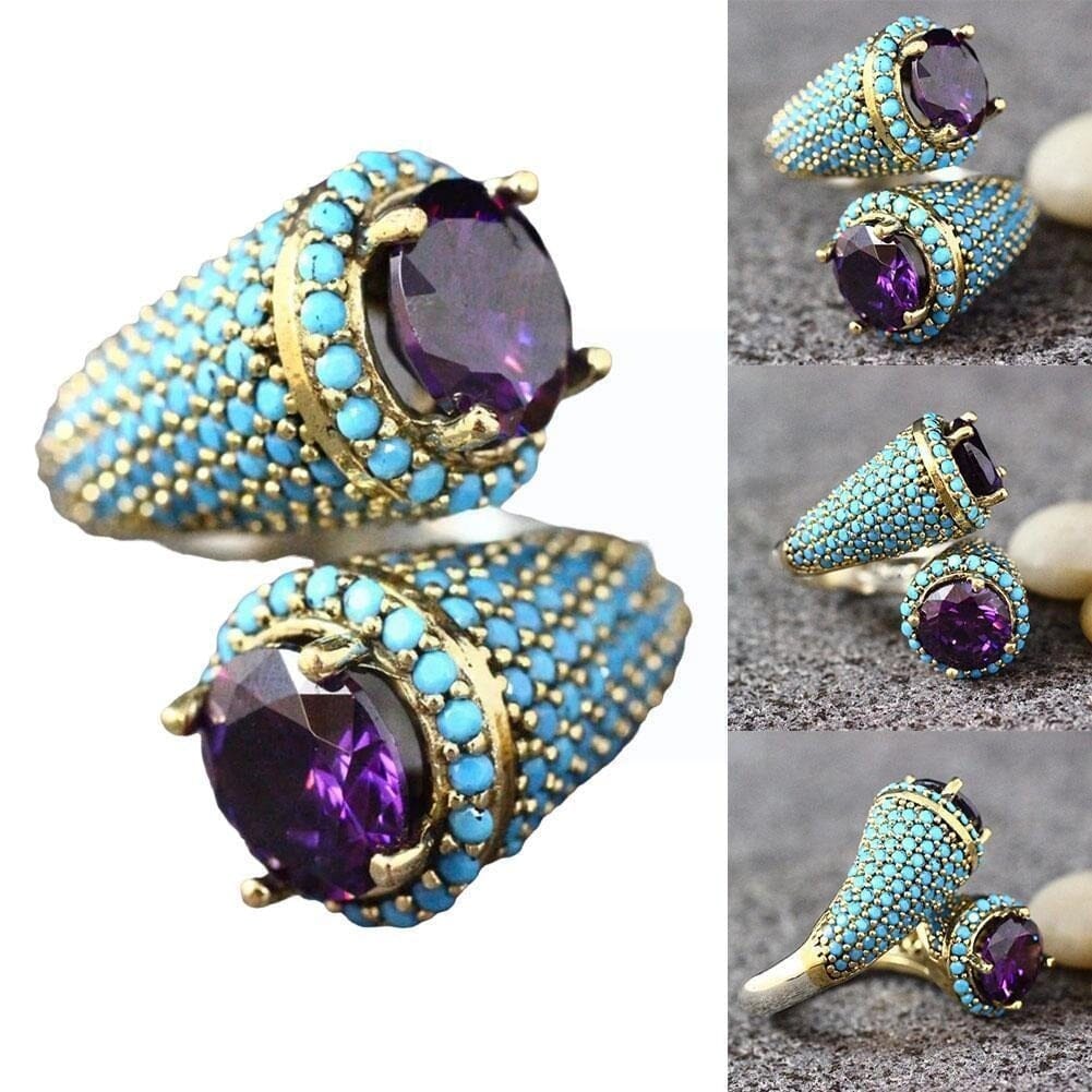 Gothic Turquoise Beaded Amethyst Gold RingRing