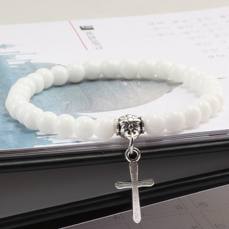 WWJD 6mm Boho Cross Natural Volcanic Stone BraceletBraceletWhite17cm