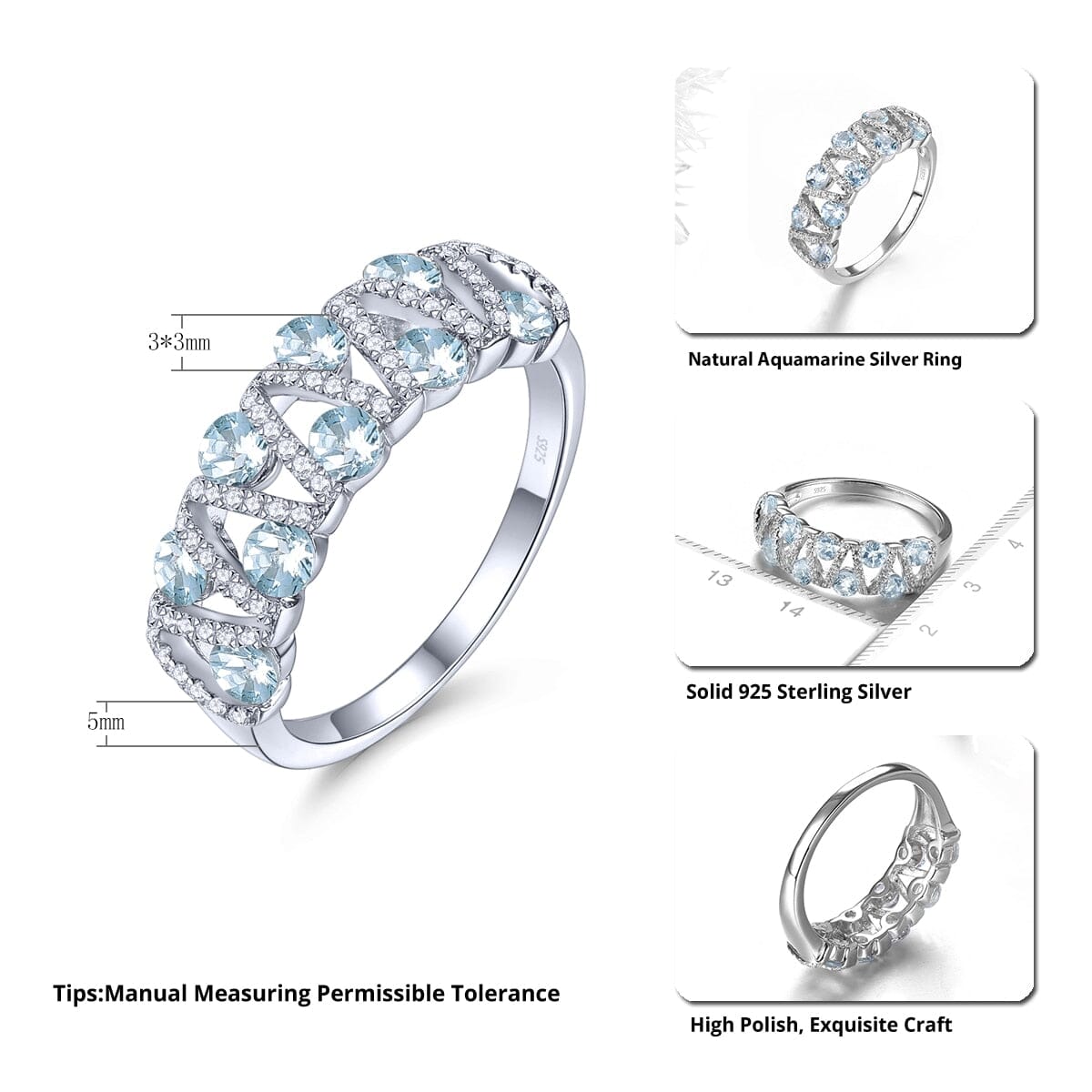 Genuine Aquamarine Ring - 925 Sterling SilverRings