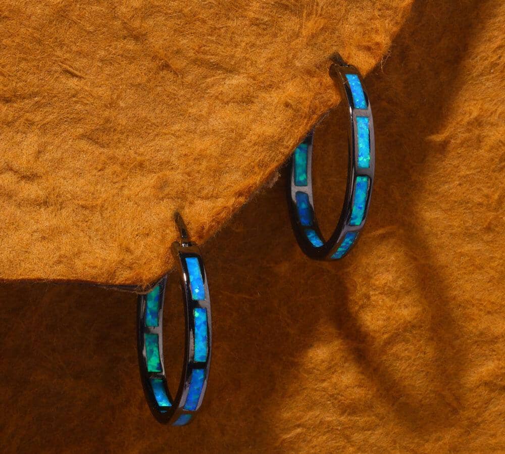 Blue Fire Opal Black Gold Hoop EarringsEarrings