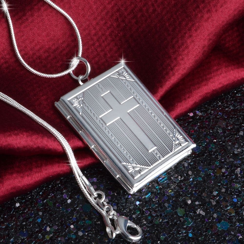 WWJD Cross Bible Memory Locket Can Open NecklaceNecklacesilver