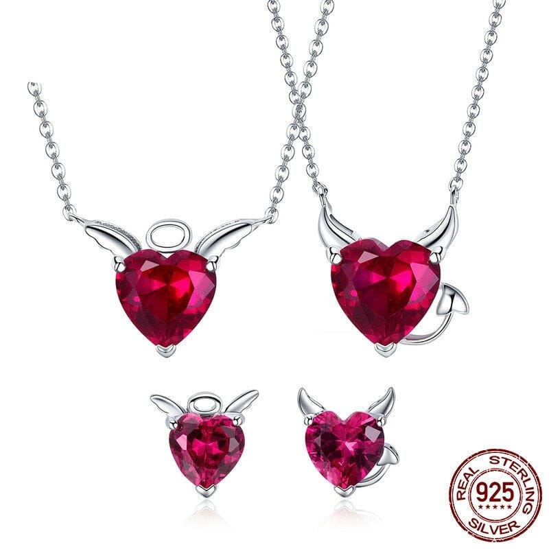 Evil And Angel Twin Necklace and Earrings CZ Garnet Jewelry Set - 925 Sterling SilverJewelry Set