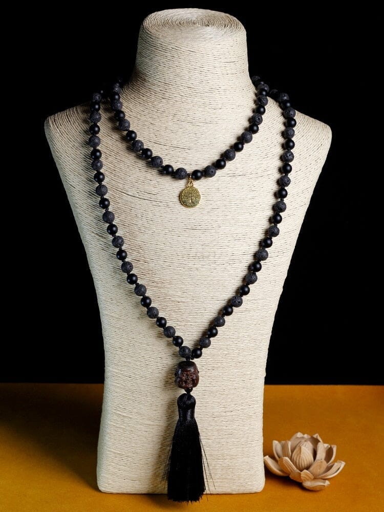 Mala Beaded Necklace Volcanic Stone Black Onyx Tassel Knotted NecklaceNecklace