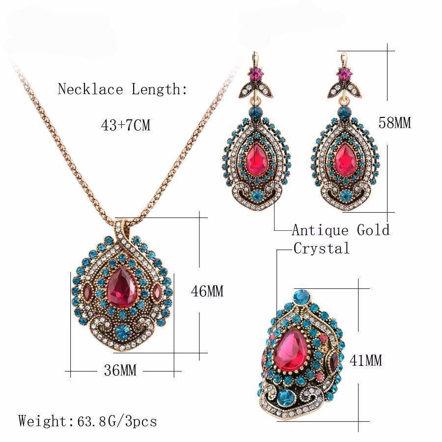 Antique Gold Plated Pink Tourmaline Crystal Turkish Jewelry Set (Necklace, Ring & Earrings)Jewelry Set