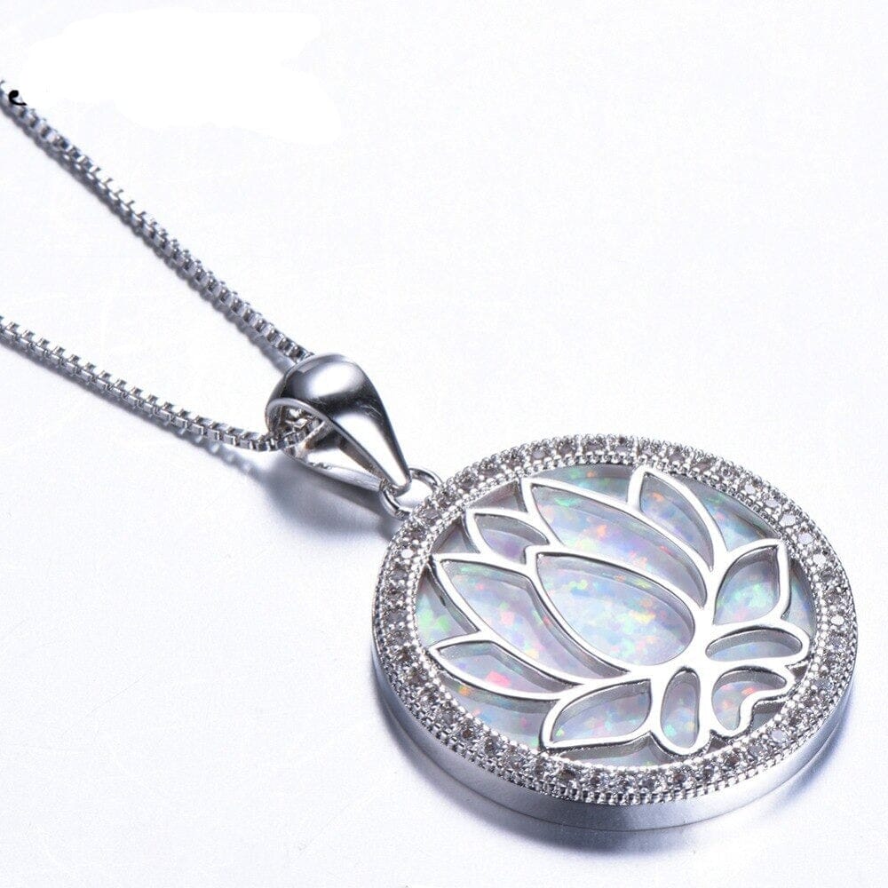Hollow Lotus Flower White/Blue Fire Opal Round Pendant NecklaceNecklace
