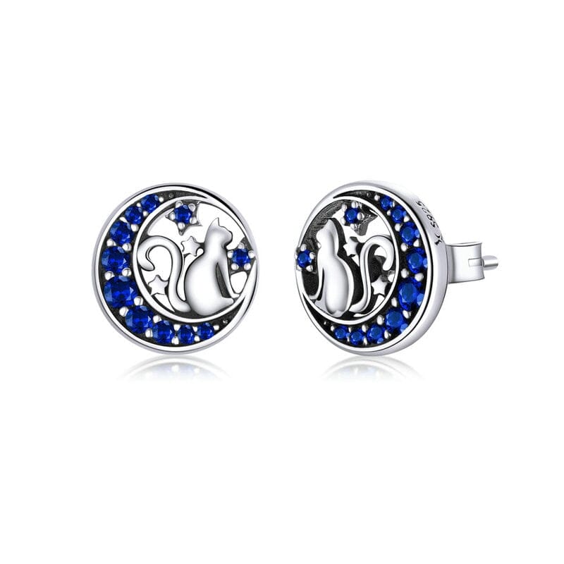 Crescent Moon Cat on the Moon Fairy Sapphire Stud Earrings - Genuine 925 Sterling SilverEarrings