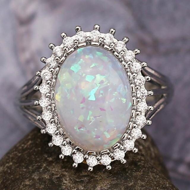 Charming White Fire Opal Zircon Oval RingRing