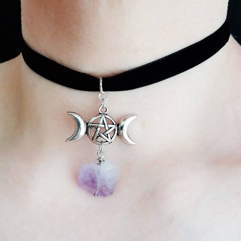 Amethyst Crystal Wire Wrapped Moon Gothic NecklaceNecklaceA4