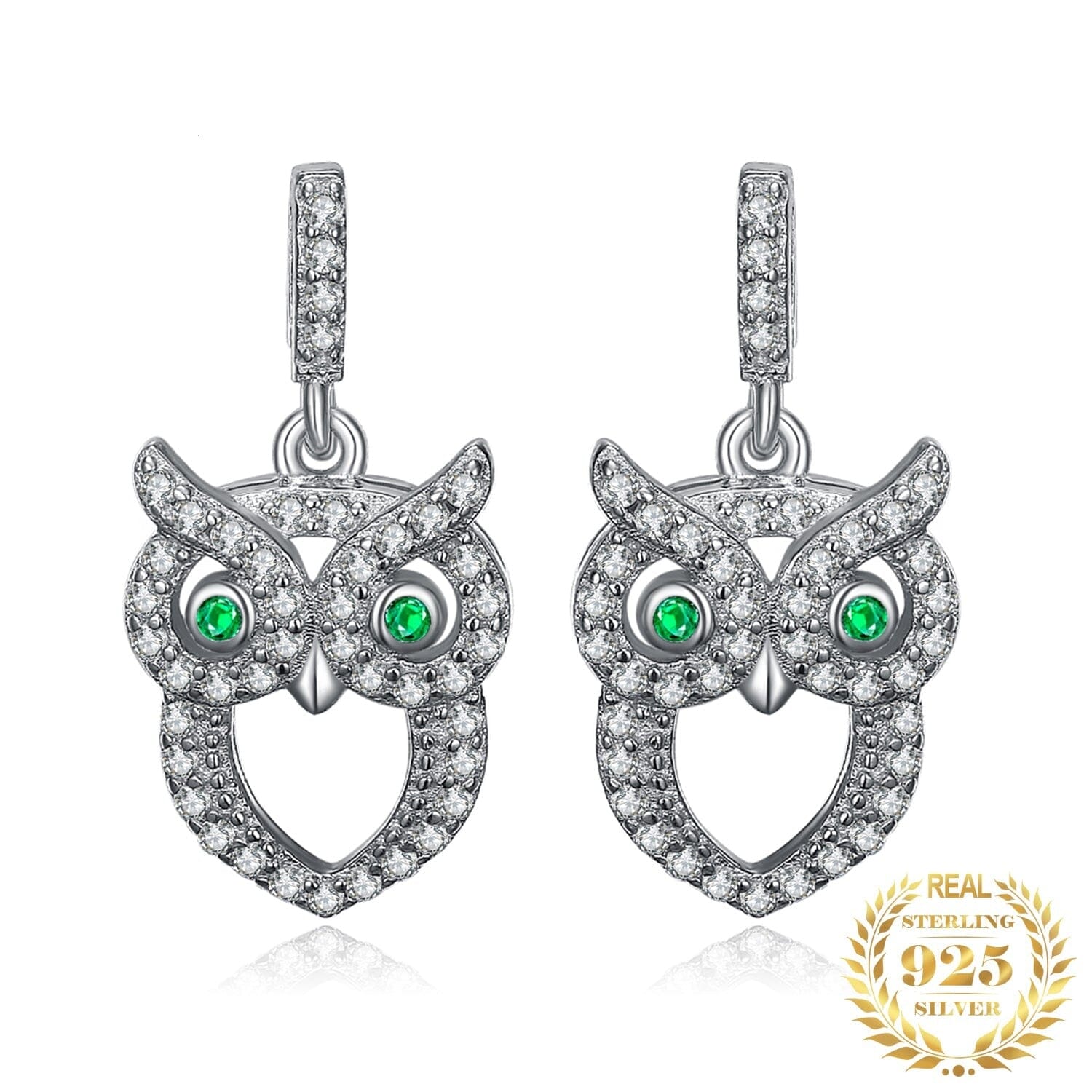 Vintage Owl Simulated Nano Emerald Drop Earrings - 925 Sterling SilverEarrings