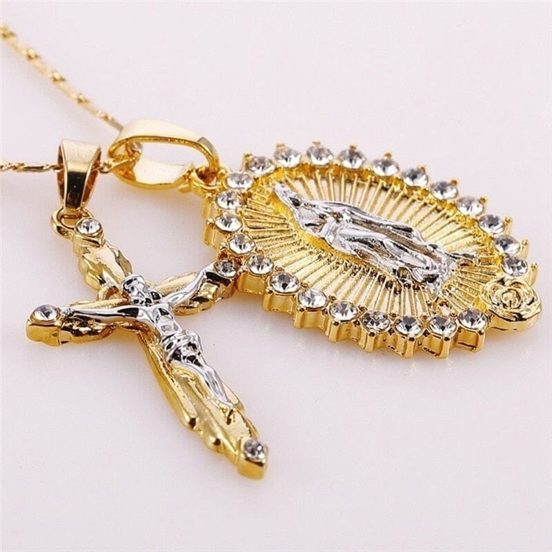 WWJD Gold Plated Jesus and Virgin Mary Crucifix NecklaceNecklace