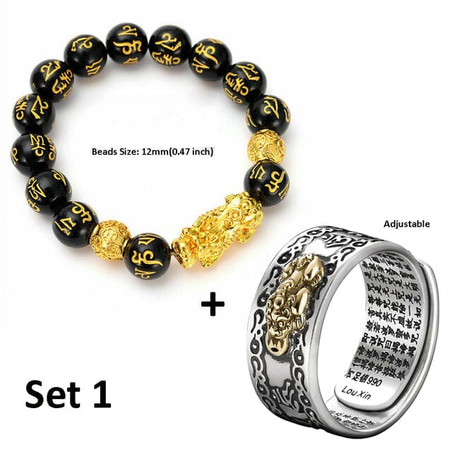 Wealth and Lucky Adjustable Ring and Beaded BraceletJewelry SetSet 1