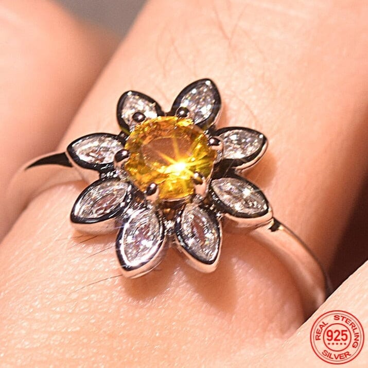 Glamour Yellow Sunflower CZ Citrine Ring - 925 Sterling SilverRing6
