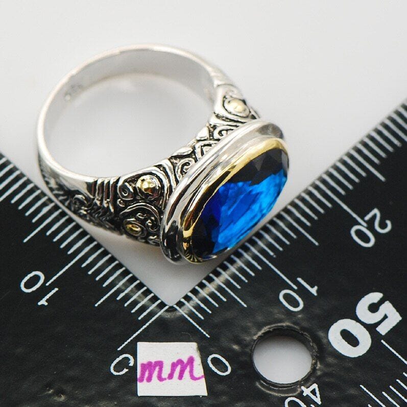 Classic Roman Blue Sapphire Crystal Zircon Ring - 925 Sterling SilverRing
