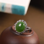925 Sterling Silver Split Oval Cabochon Green Real Natural Jade Stone Resizable RingRing
