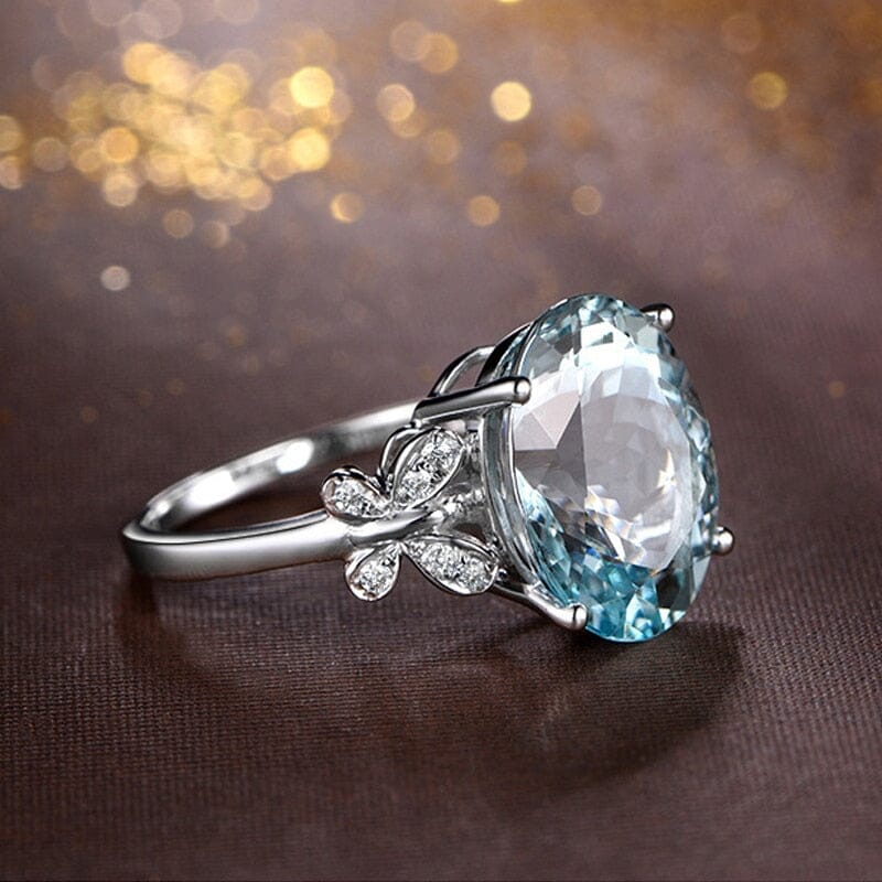 Round Aquamarine and Butterfly Ring - 925 Sterling SilverRing