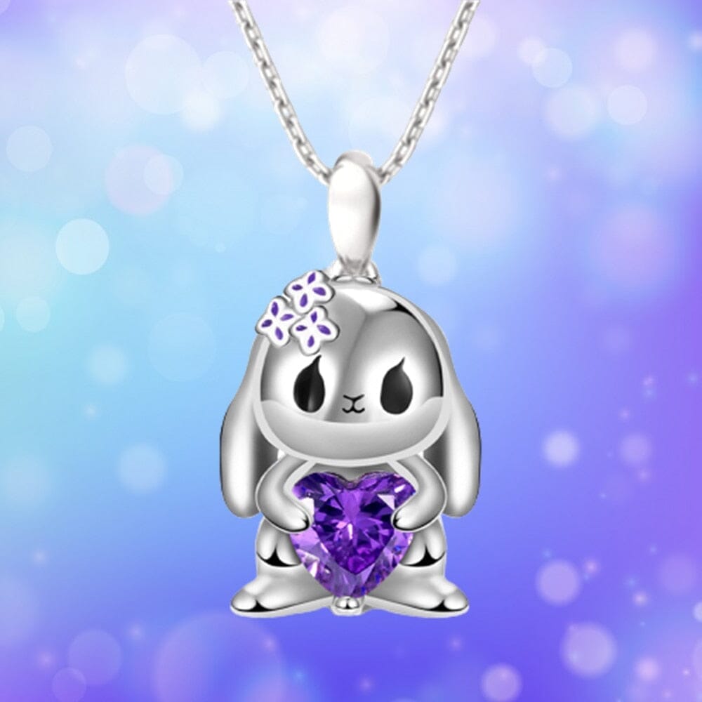 Cute Heart-shaped Purple Crystal Bunny Pendant NecklaceNecklace