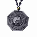 Natural Black Obsidian Hand Carved Chinese Dragon Phoenix BaGua Lucky AmuletNecklaceChinese Bagua