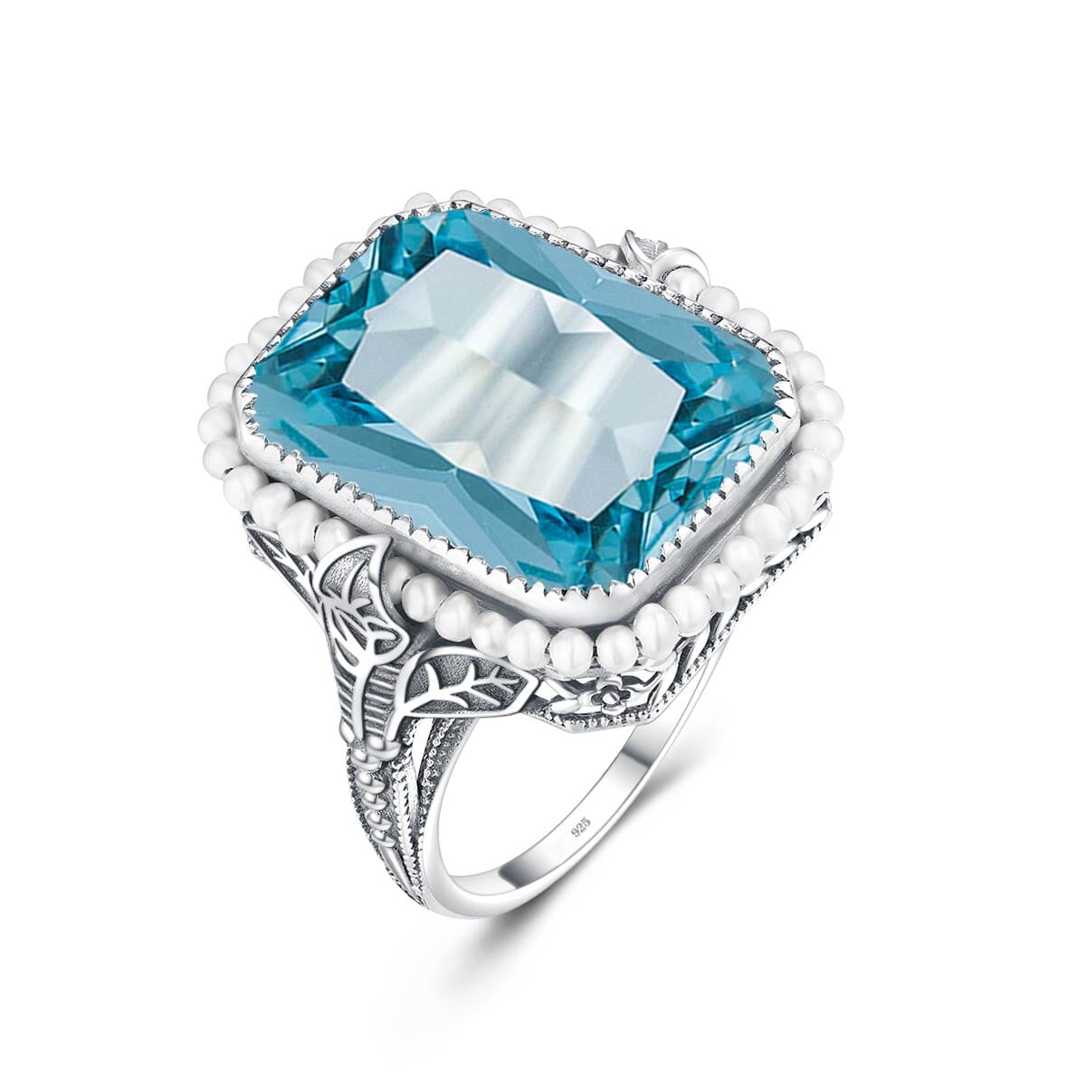 Aquamarine Ring With Natural Fresh Water Peals - 925 Sterling SilverRing7