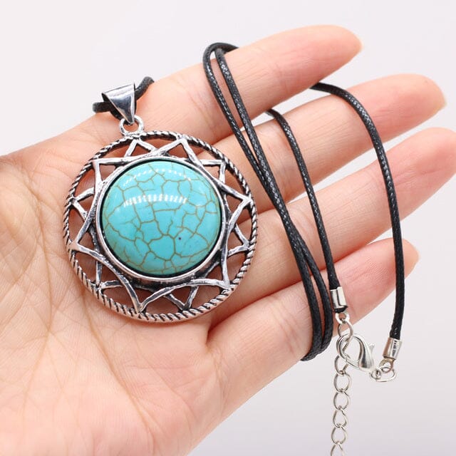 Natural Stone Round Shape Pendant NecklaceHealing CrystalGreen Turquoise
