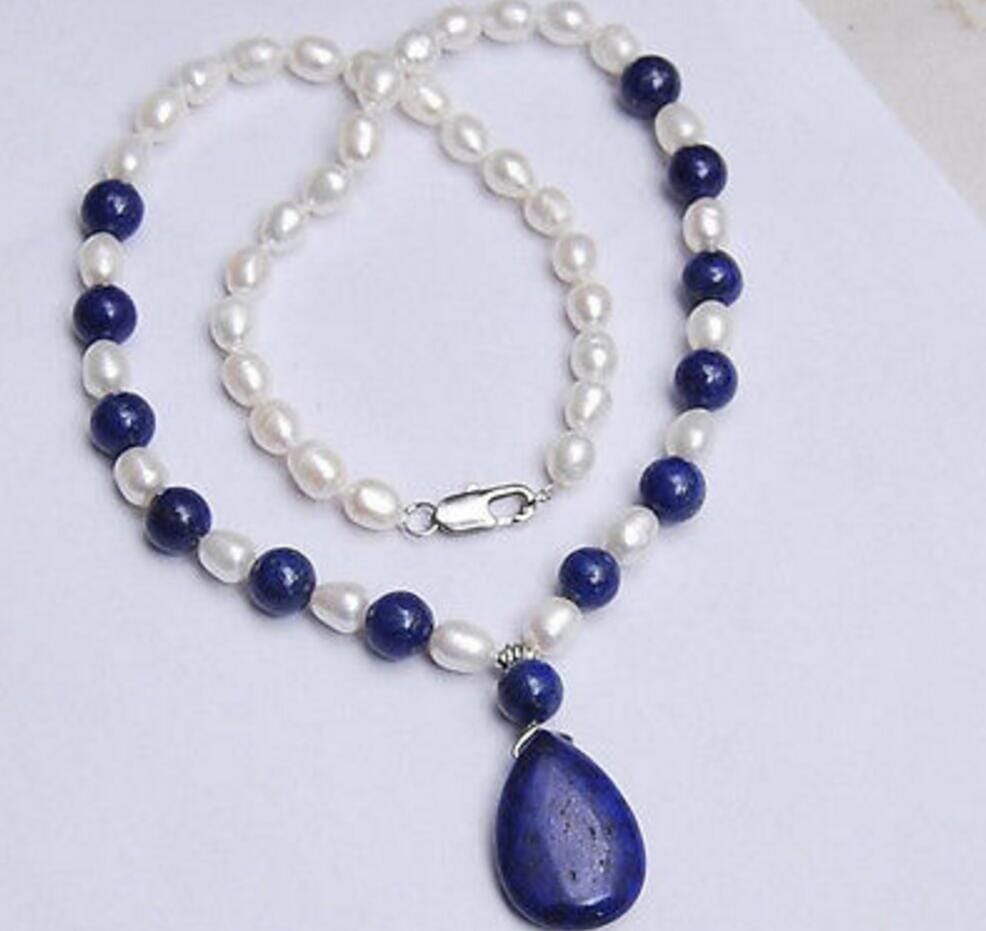 7-8MM White Akoya Pearl / Lapis Lazuli Pendant NecklaceNecklace