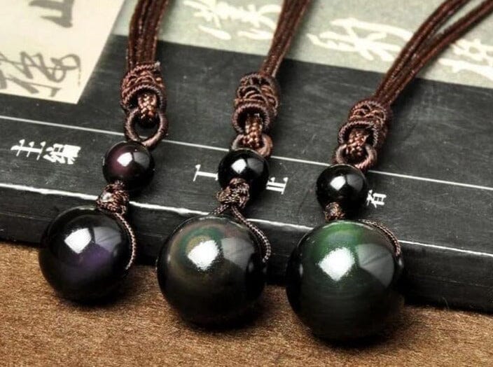 Natural Obsidian Rainbow Eye Transfer Good Luck Bead Pendant Polyester Rope Chain NecklaceNecklace