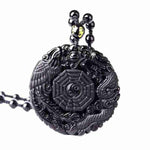 Natural Black Obsidian Hand Carved Chinese Dragon Phoenix BaGua Lucky AmuletNecklaceChinese Dragon & Phoenix BaGua