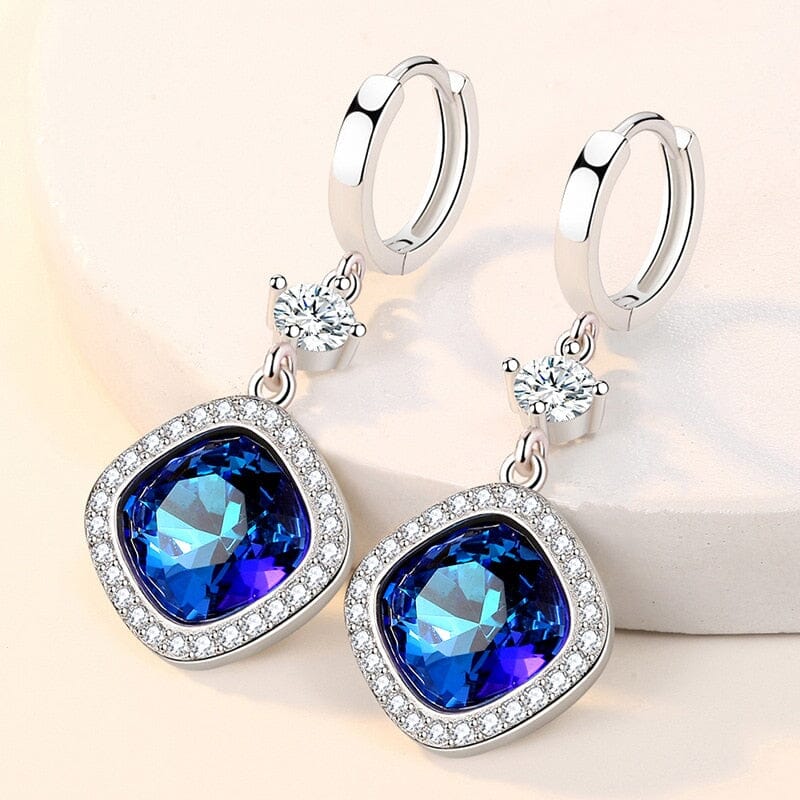 Lovely Sapphire Square Crystal Drop Earrings - 925 Sterling SilverEarrings