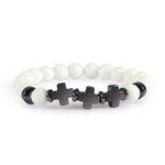 8mm Natural Stone Bracelet Christian Jesus Cross Bracelets for Women Men Elastic Rope Beaded Bangles Yoga Rosary Jewelry GiftsBraceletPorcelain White