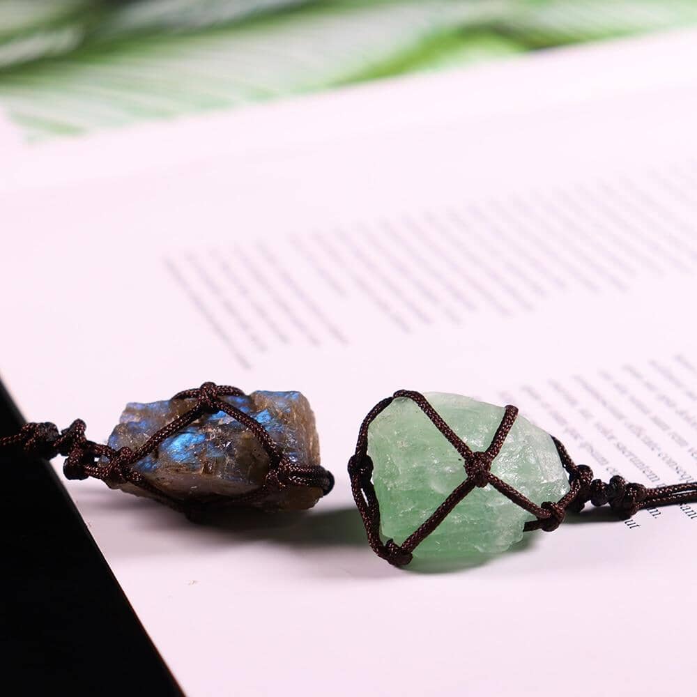 Natural Raw Crystal Reiki Weave Rope NecklaceNecklace
