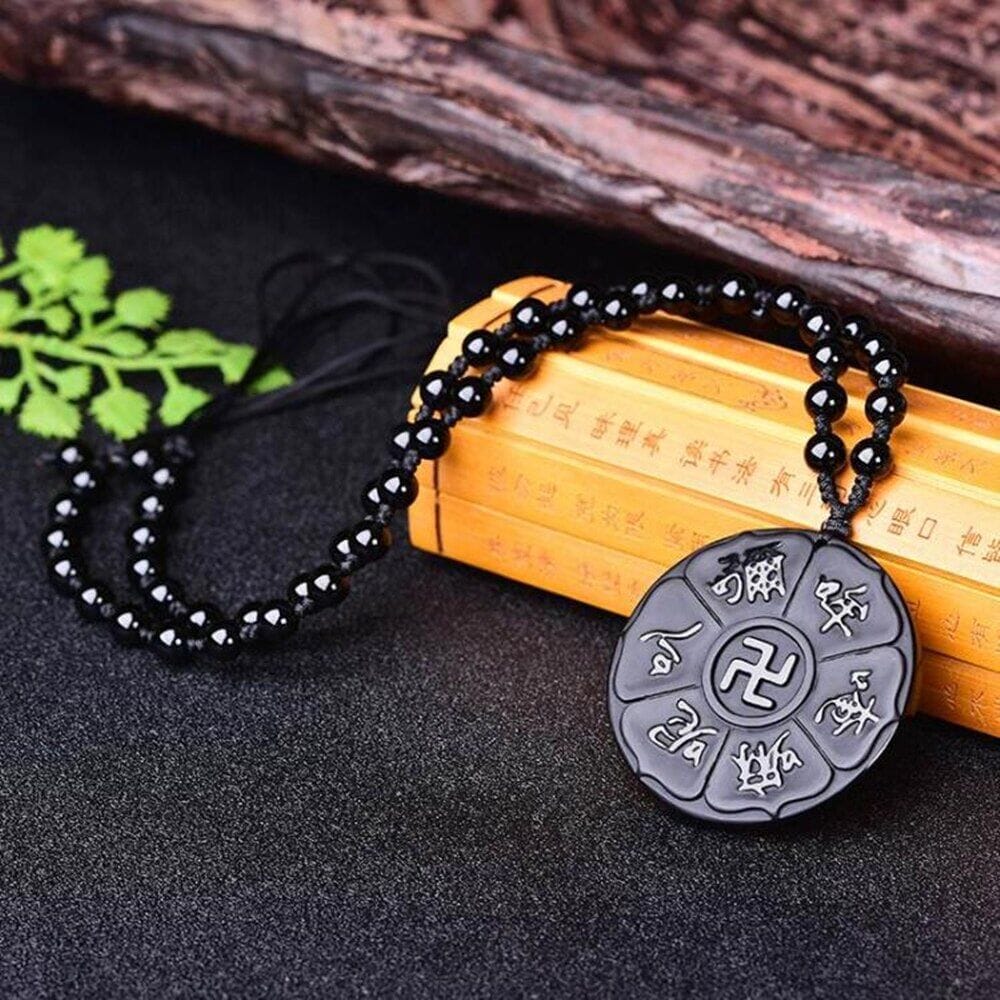 Natural Obsidian Religious Six-Character Mantra Necklace