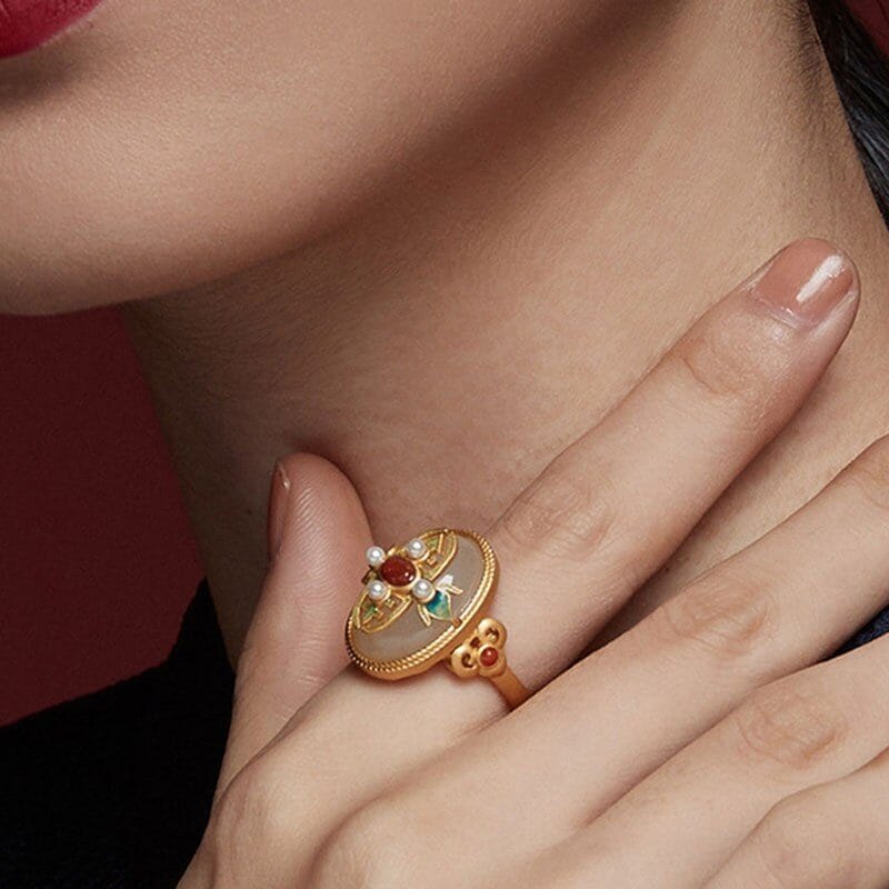 Elegant Vintage Ladies Khotan Jade Inlaid Pearl Ring - 925 Sterling SilverRing